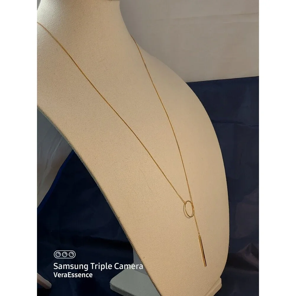 Sterling Forever Gold Plated Brass Circle & Bar Lariat long Necklace